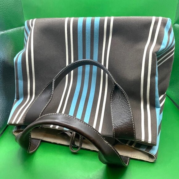 Kate Spade NY Striped Canvas Tote Bag Blue Brown White Leather Handles Italy VTG - Picture 8 of 15